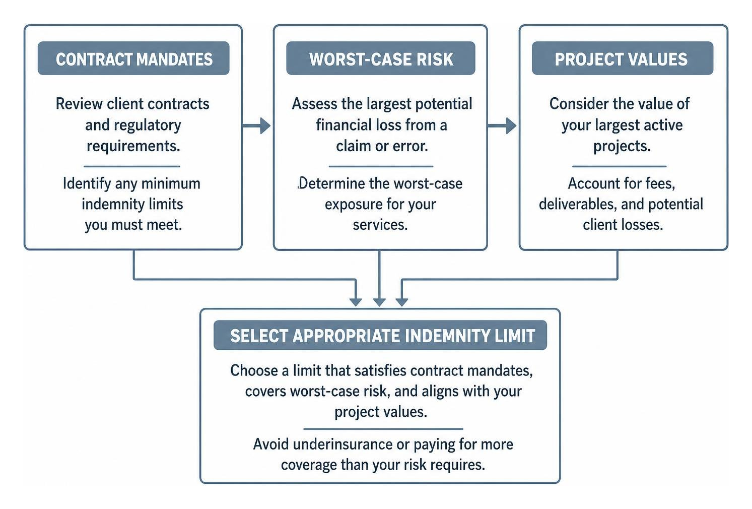 Indemnity limit selection: contract mandates, worst-case risk, project values