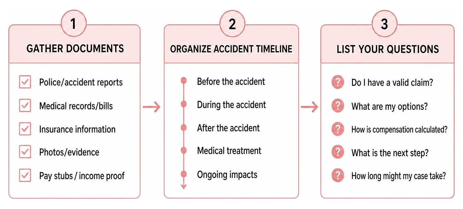 Preparation checklist: gathering documents, organizing accident timeline, listing questions Preparation checklist: gathering documents, organizing accident timeline, listing questions