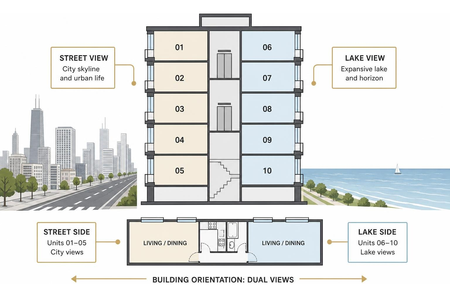 Urban high-rise apartment building layout showing street and lake views Urban high-rise apartment building layout showing street and lake views