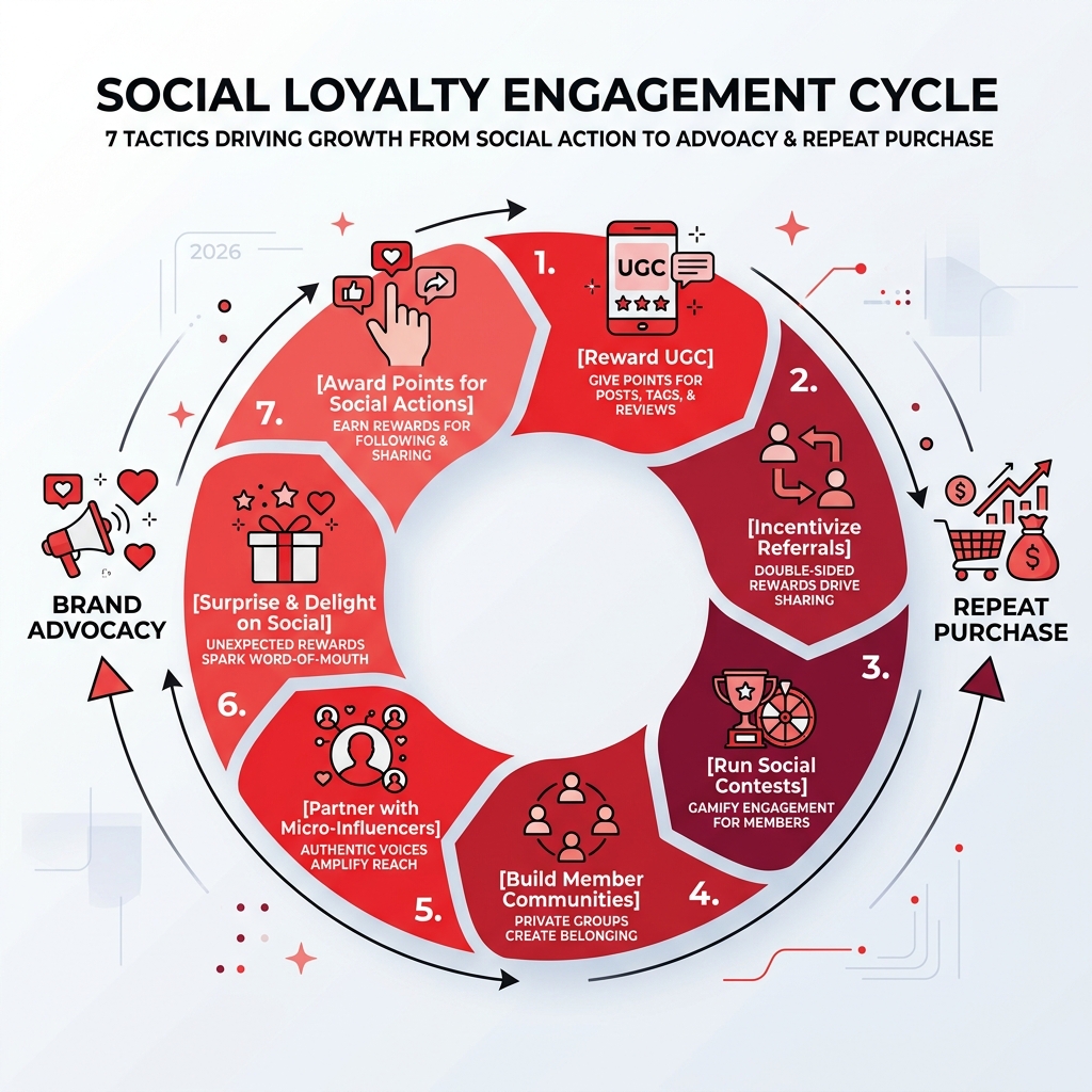 Infographic showing the 7 loyalty program social tactics cycle from social action to brand advocacy and repeat purchase Infographic showing the 7 loyalty program social tactics cycle from social action to brand advocacy and repeat purchase