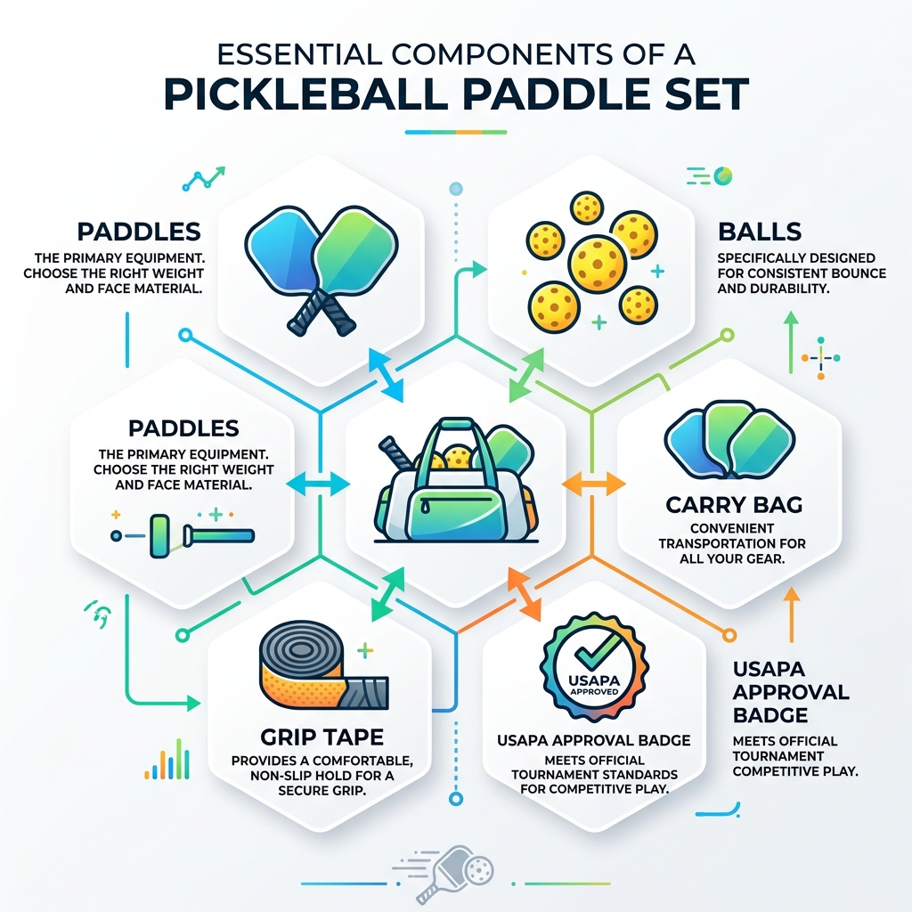 Infographic showing pickleball set components: paddles, balls, carry bag, grip tape, and USAPA approval badge - amazon