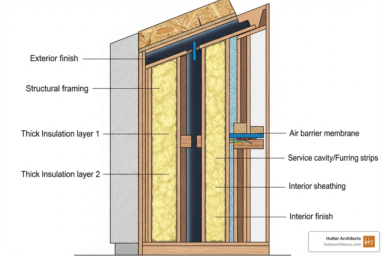Passive House wall cross-section showing insulation and air barriers - passive house builders