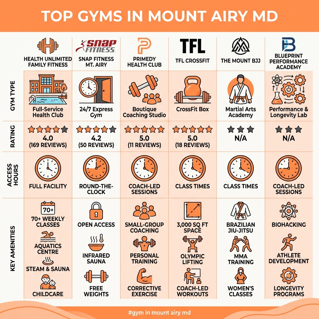 Infographic comparing top gyms in Mount Airy MD by type, rating, access hours, and key amenities - gym in mount airy md Infographic comparing top gyms in Mount Airy MD by type, rating, access hours, and key amenities - gym in mount airy md