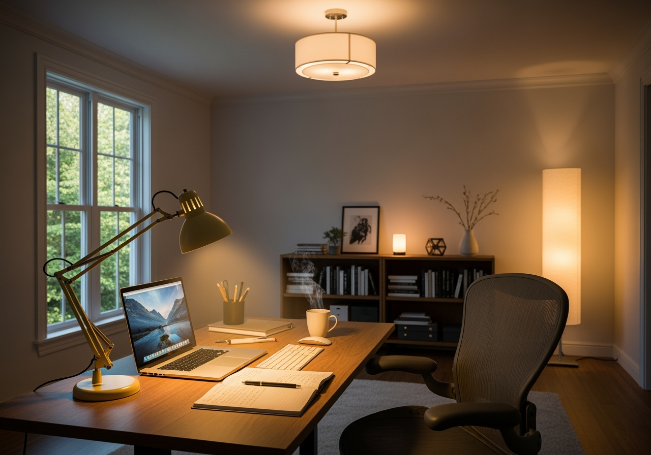 layered lighting in a home office showing task and ambient light - converting formal living room into office