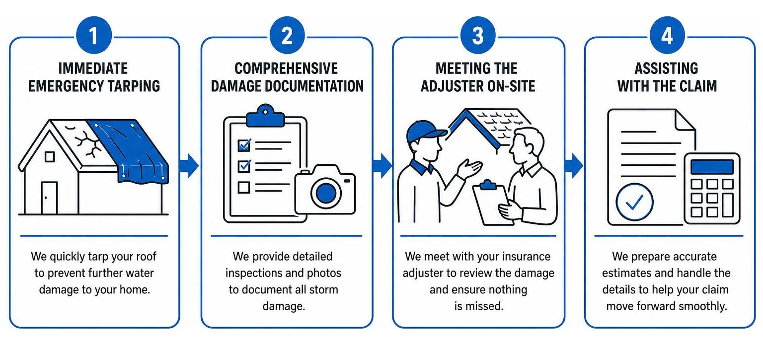 Step-by-step diagram of the roof storm damage insurance claim process Step-by-step diagram of the roof storm damage insurance claim process