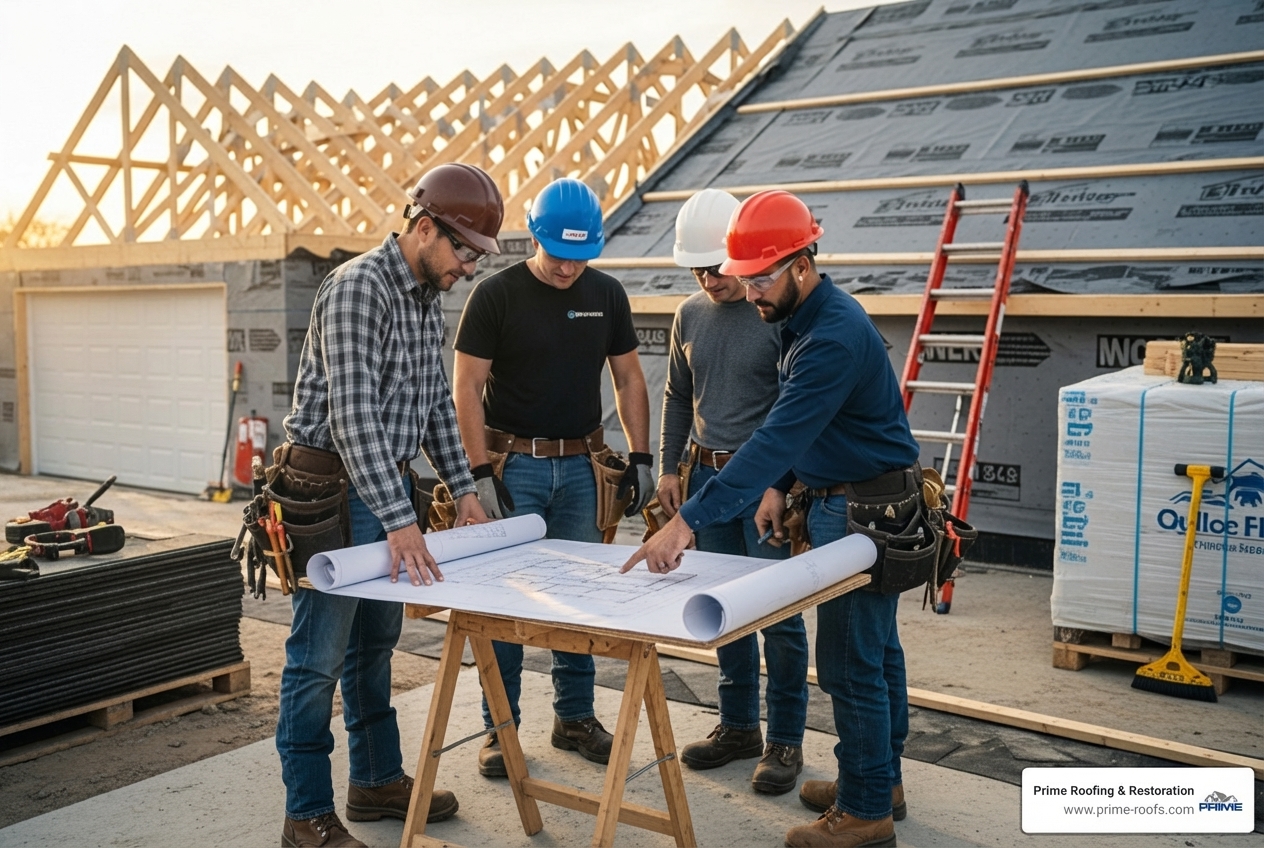 A roofing team collaborating over architectural blueprints on a construction site