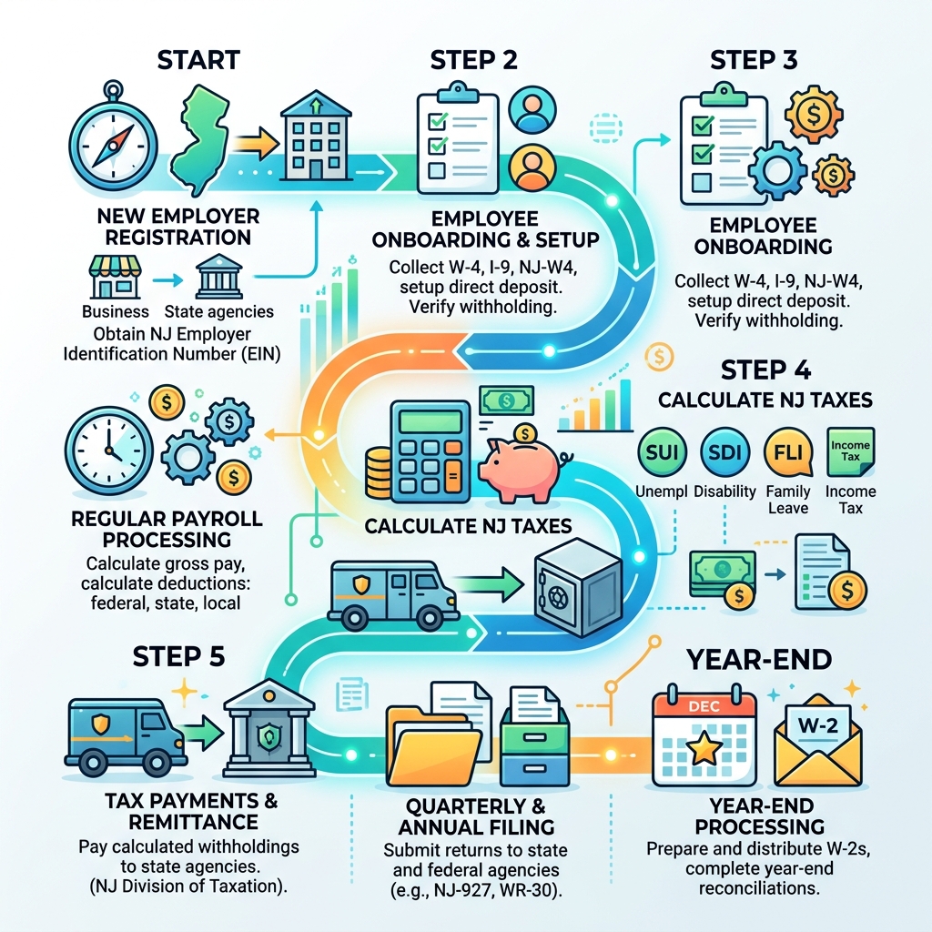 New Jersey payroll lifecycle from employer registration to year-end filing infographic - new jersey payroll infographic 