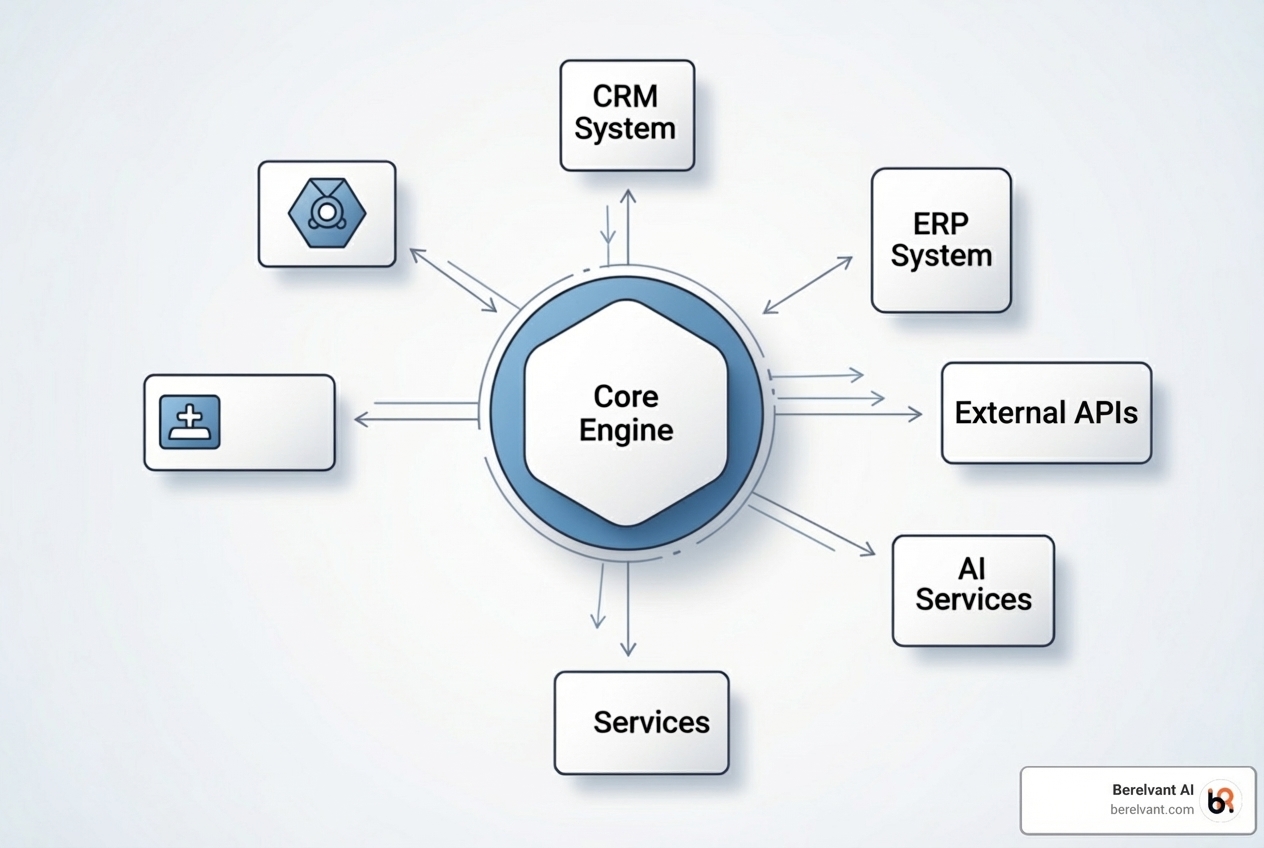 Modular architecture diagram showing a core automation engine with connectors for CRM, ERP, APIs, and AI services - enterprise workflow automation
