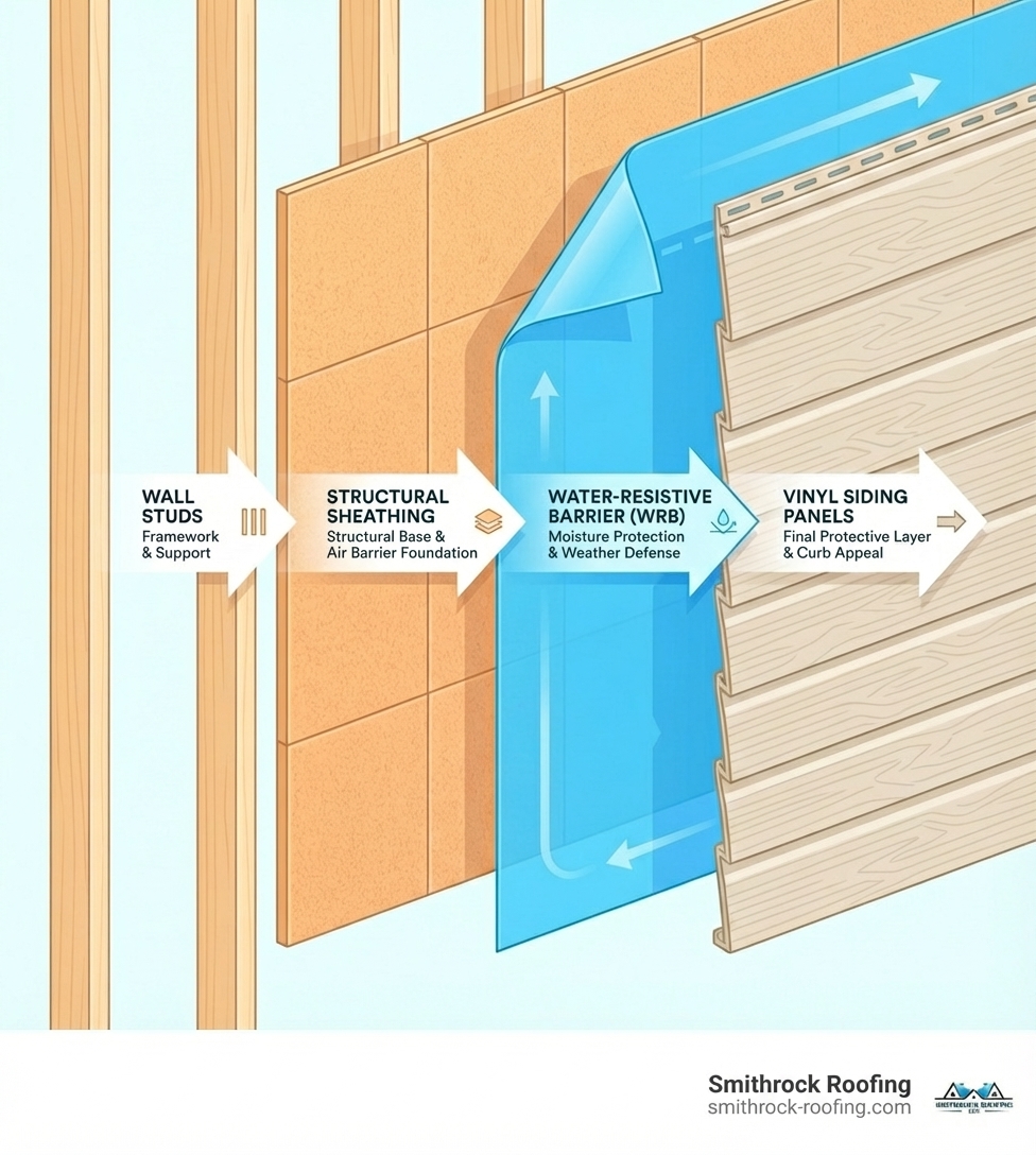 detailed infographic showing the layers of an exterior wall system from inside to out: wall studs, structural sheathing, water-resistive barrier wrapping around the structure, and vinyl siding panels as the final protective layer, with labels and arrows indicating each component's purpose - siding installation infographic 