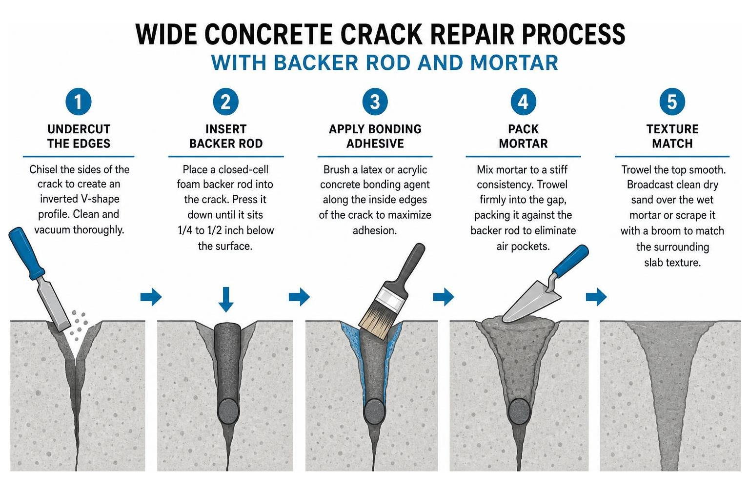 Step-by-step wide concrete crack repair process with backer rod and mortar