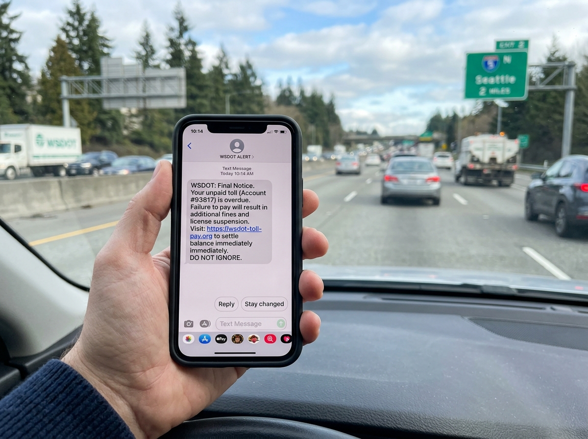 Side-by-side comparison of a fake WSDOT URL versus the official MyGoodToGo.com website address - wsdot text scam Side-by-side comparison of a fake WSDOT URL versus the official MyGoodToGo.com website address - wsdot text scam
