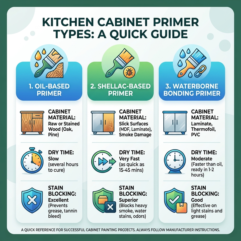 Infographic showing primer types for kitchen cabinets by material, dry time, and stain blocking ability - best primer for