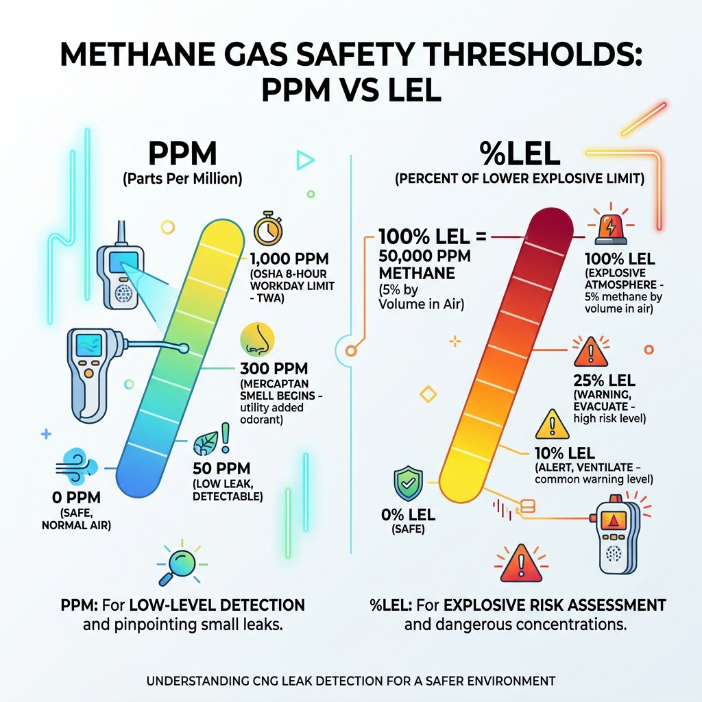 Infographic showing LEL and PPM scales for methane gas safety thresholds - cng leak detector infographic Infographic showing LEL and PPM scales for methane gas safety thresholds - cng leak detector infographic