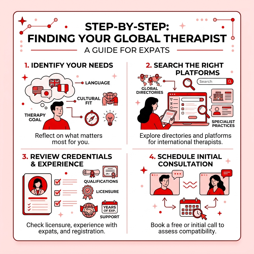 Step-by-step infographic: how to find and match with a global therapist for expats - international therapy infographic 