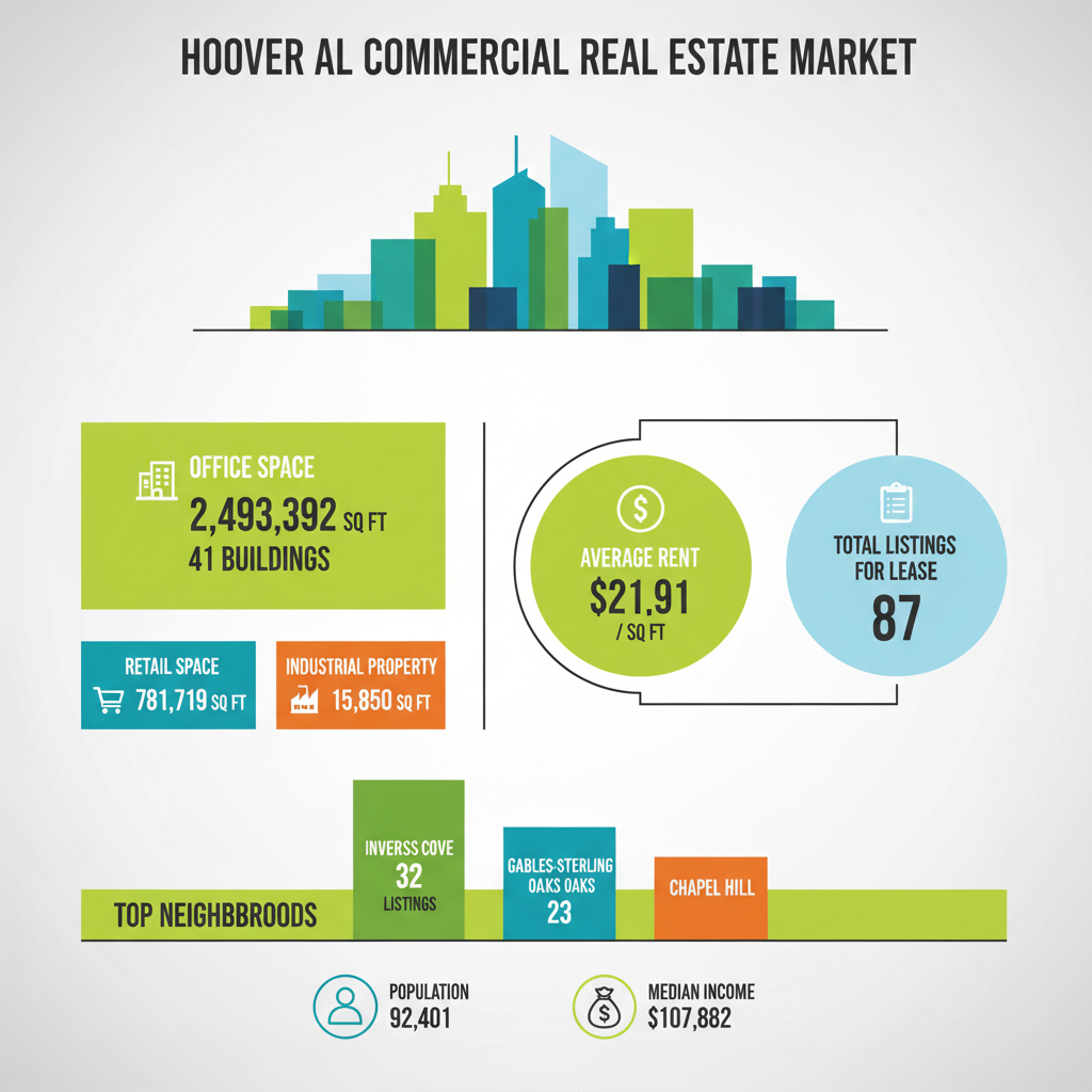 infographic showing Hoover AL commercial real estate market statistics: 2,493,392 sq ft office space across 41 buildings, 781,719 sq ft retail space, 15,850 sq ft industrial property, average rent $21.91 per sq ft, 87 total listings for lease, top neighborhoods Inverness Cove with 32 listings, Gables-Sterling Oaks with 23 listings, and Chapel Hill, population 92,401 with median income $107,882 - Commercial real estate Hoover AL infographic infographic showing Hoover AL commercial real estate market statistics: 2,493,392 sq ft office space across 41 buildings, 781,719 sq ft retail space, 15,850 sq ft industrial property, average rent $21.91 per sq ft, 87 total listings for lease, top neighborhoods Inverness Cove with 32 listings, Gables-Sterling Oaks with 23 listings, and Chapel Hill, population 92,401 with median income $107,882 - Commercial real estate Hoover AL infographic