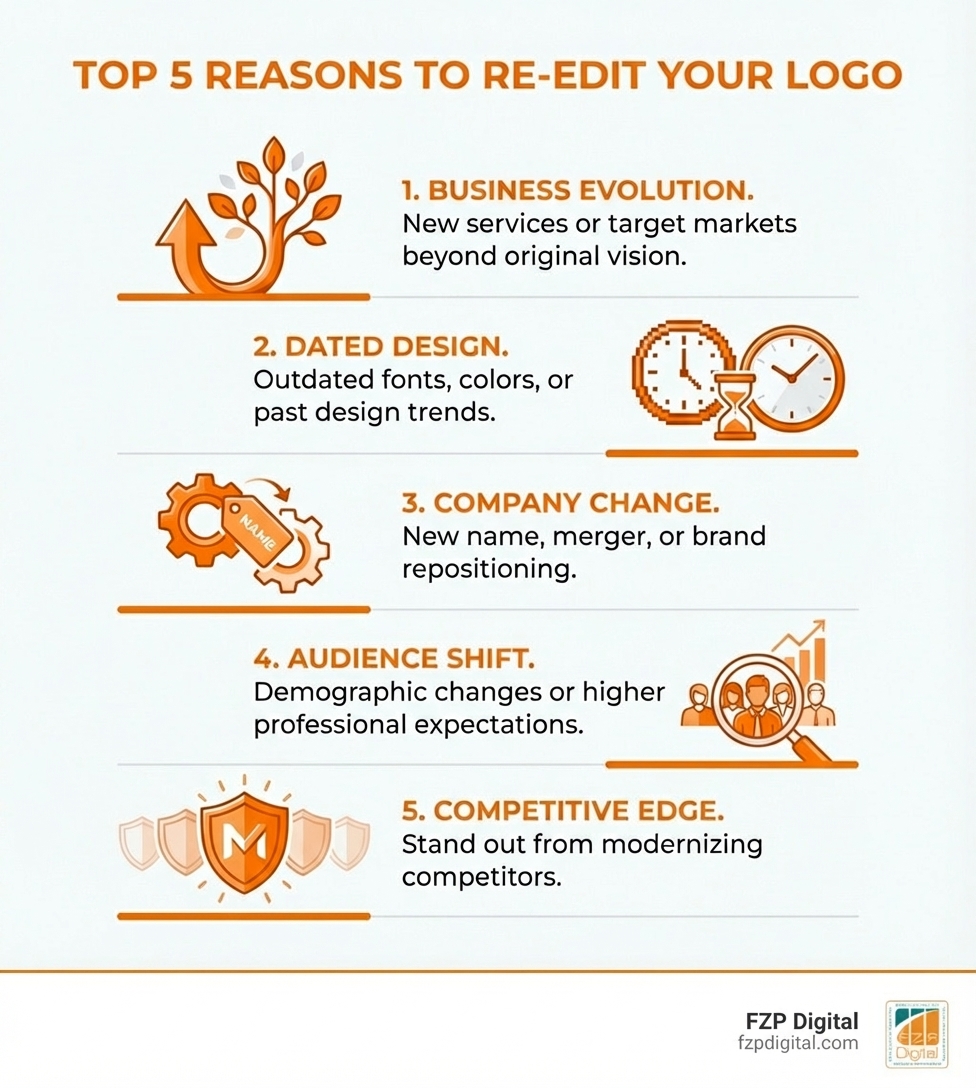Infographic showing the top 5 reasons businesses need to re-edit their logo: 1. Your business has evolved beyond your original vision with new services or target markets, 2. Your logo looks dated with outdated fonts, colors, or design trends from a previous era, 3. You've changed your company name, merged with another business, or repositioned your brand, 4. Your target audience has shifted demographically or your market now expects a different level of professionalism, 5. You want to stand out more from competitors who have modernized their own visual identities - re edit logo infographic Infographic showing the top 5 reasons businesses need to re-edit their logo: 1. Your business has evolved beyond your original vision with new services or target markets, 2. Your logo looks dated with outdated fonts, colors, or design trends from a previous era, 3. You've changed your company name, merged with another business, or repositioned your brand, 4. Your target audience has shifted demographically or your market now expects a different level of professionalism, 5. You want to stand out more from competitors who have modernized their own visual identities - re edit logo infographic