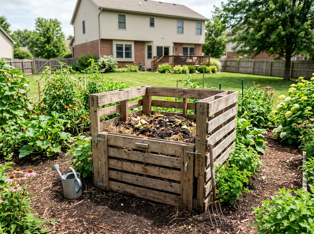 Backyard compost bin made from upcycled wooden pallets - financial eco gardening tips