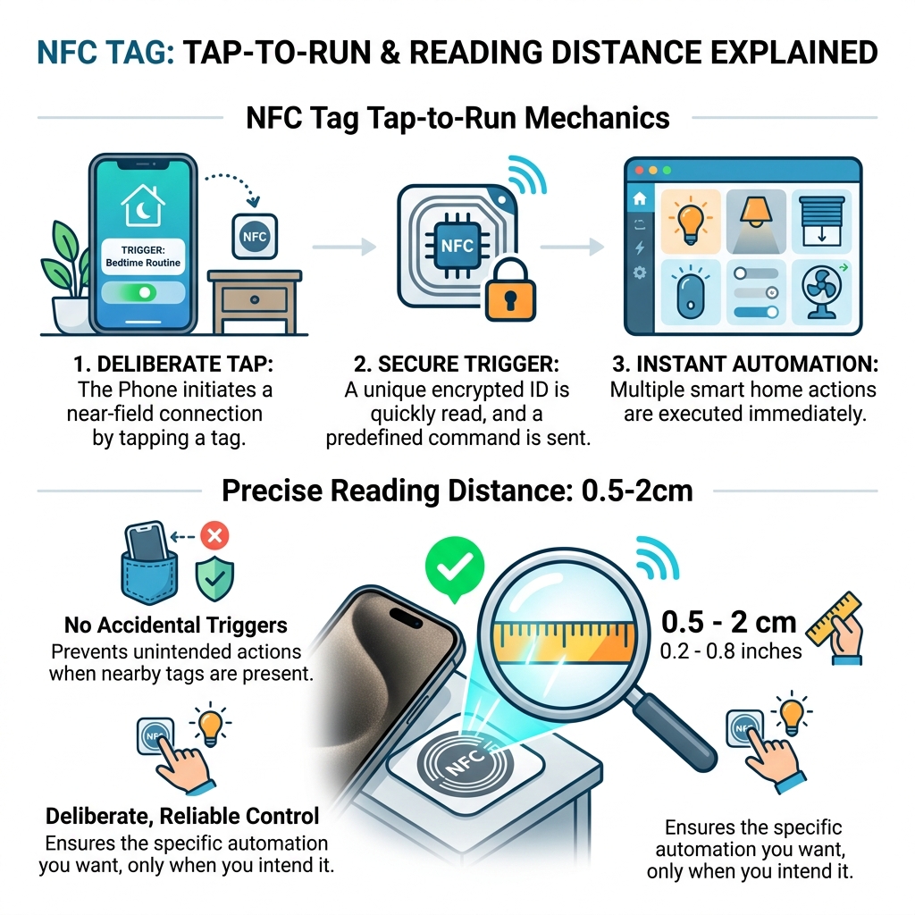 NFC tag tap-to-run mechanics and 0.5-2cm reading distance explained - nfc tags for home automation infographic 