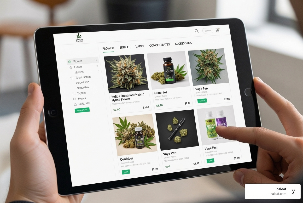 A person browsing a clean, modern cannabis website on a tablet - Cannabis delivery online