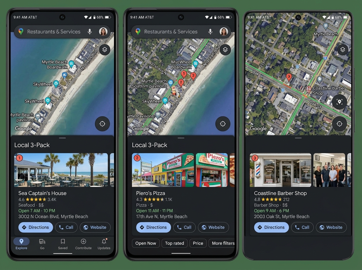 Google Maps 3-pack showing local business listings in Myrtle Beach - myrtle beach seo company