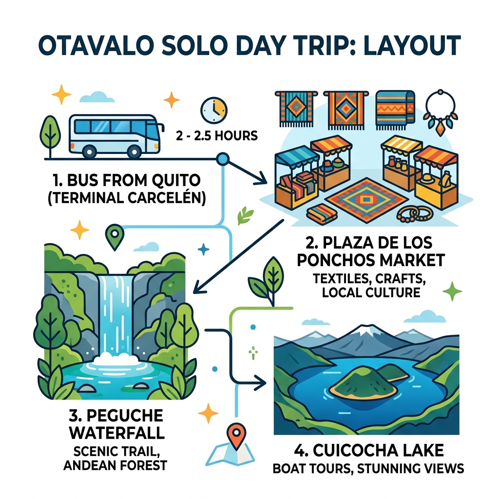 Otavalo solo day trip layout infographic: bus from Quito, Plaza de los Ponchos market, Peguche Waterfall, Cuicocha Lake