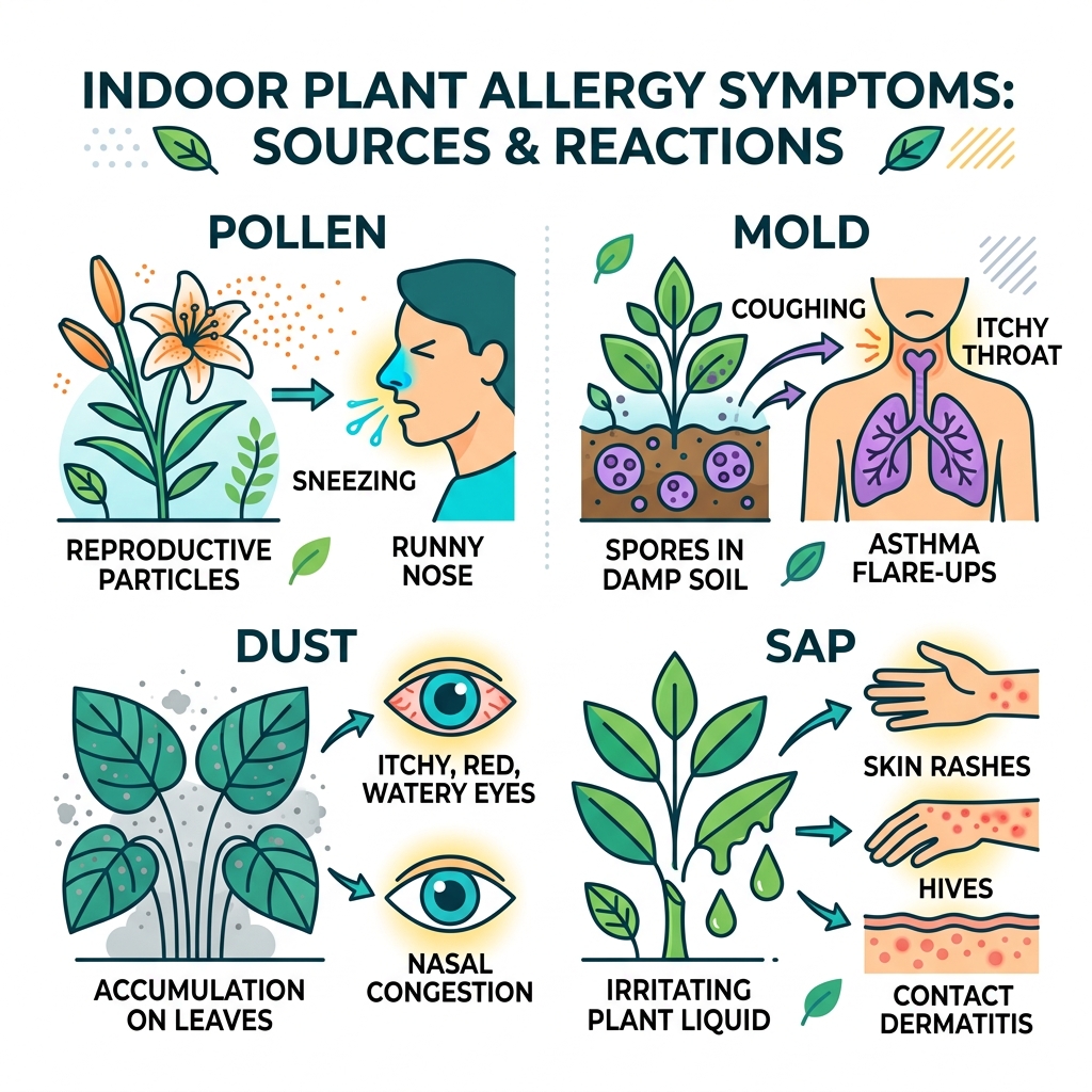 Infographic showing how indoor plants trigger respiratory and skin allergy symptoms via pollen, mold, dust, and sap - indoor Infographic showing how indoor plants trigger respiratory and skin allergy symptoms via pollen, mold, dust, and sap - indoor