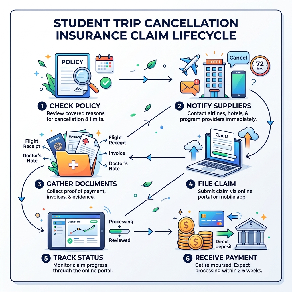 Student trip cancellation insurance claim lifecycle infographic: check policy, notify suppliers, gather documents, file