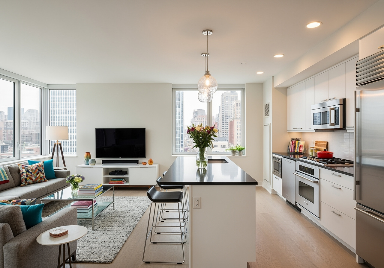 a stylish, fully-equipped furnished apartment living room and kitchen - Travel Accommodation Types