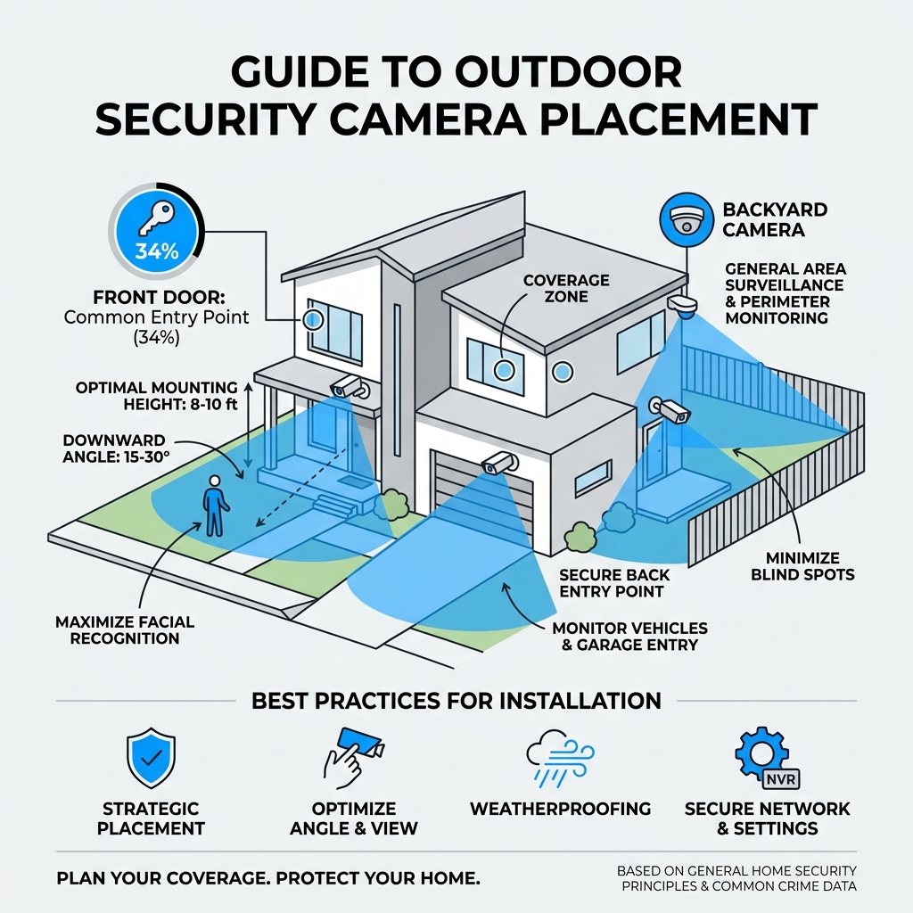 Common home entry points and outdoor security camera coverage zones infographic - outdoor security camera installation