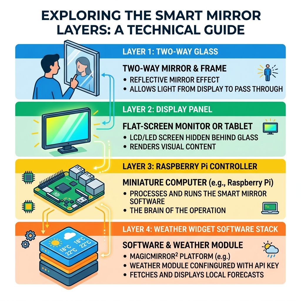 Infographic showing smart mirror layers: two-way glass, display panel, Raspberry Pi controller, and weather widget software