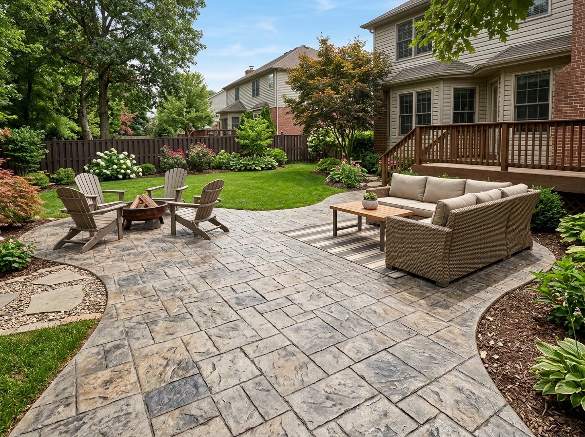 A high-quality stamped concrete surface mimicking natural stone pavers - concrete finishes for patios A high-quality stamped concrete surface mimicking natural stone pavers - concrete finishes for patios