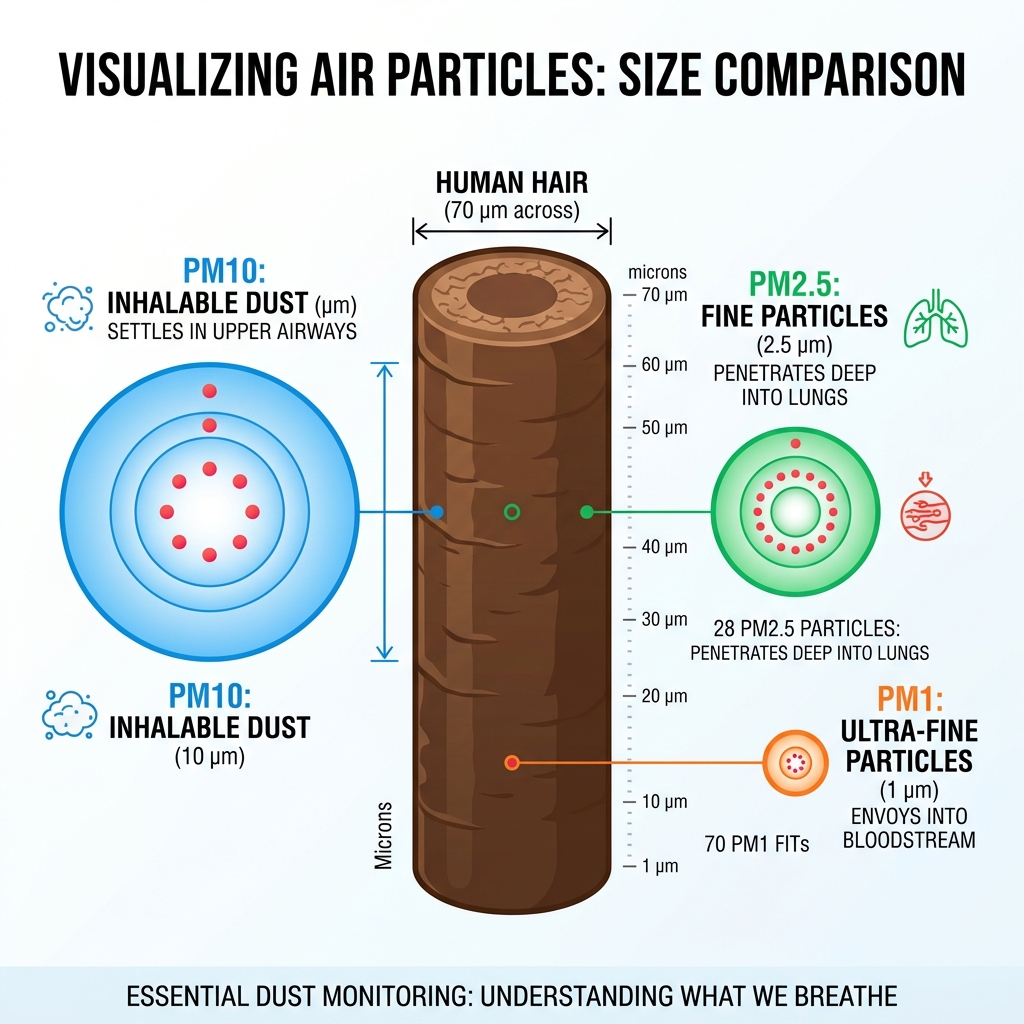 PM1 vs PM2.5 vs PM10 particle sizes compared to human hair infographic - dust electronics environmental monitoring