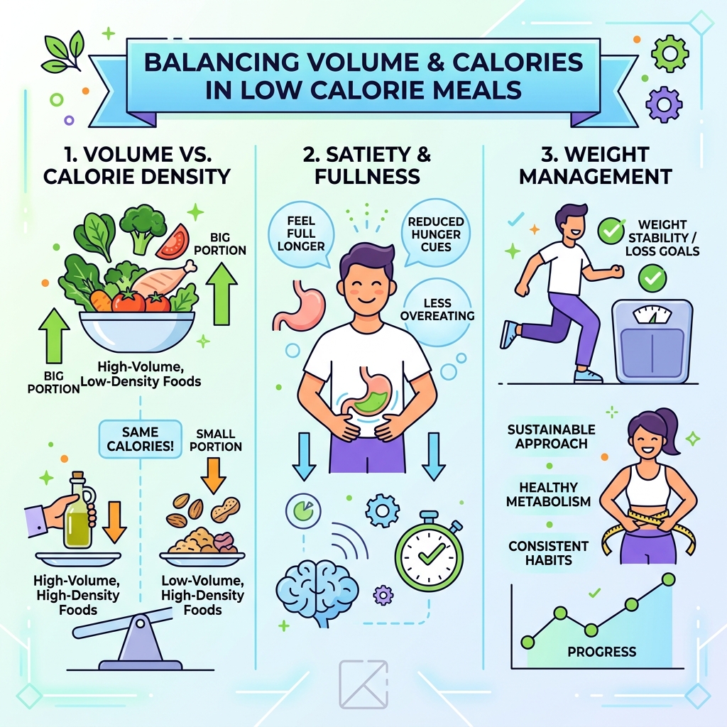 Infographic showing volume vs. calorie density balance, satiety, and weight management in low calorie meals - low calorie Infographic showing volume vs. calorie density balance, satiety, and weight management in low calorie meals - low calorie