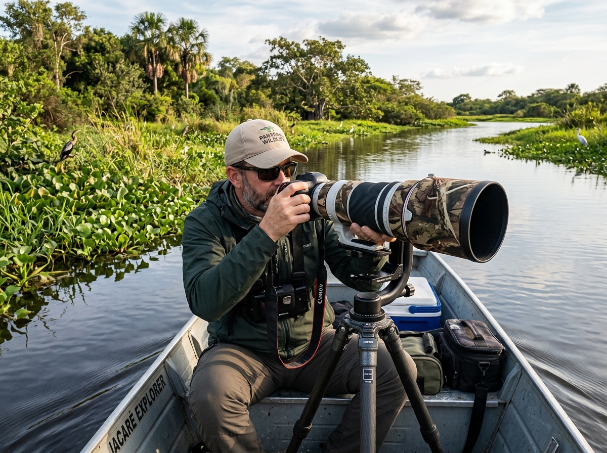 A professional photographer using a long telephoto lens on a stabilized gimbal head from a boat in the Pantanal - brazil A professional photographer using a long telephoto lens on a stabilized gimbal head from a boat in the Pantanal - brazil