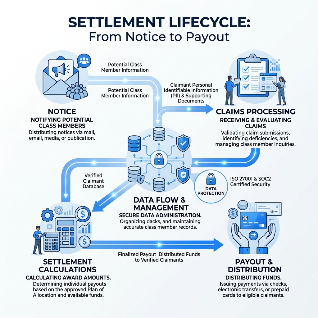 Settlement lifecycle infographic from notice to payout showing key stages and data flow - kroll settlement administration Settlement lifecycle infographic from notice to payout showing key stages and data flow - kroll settlement administration