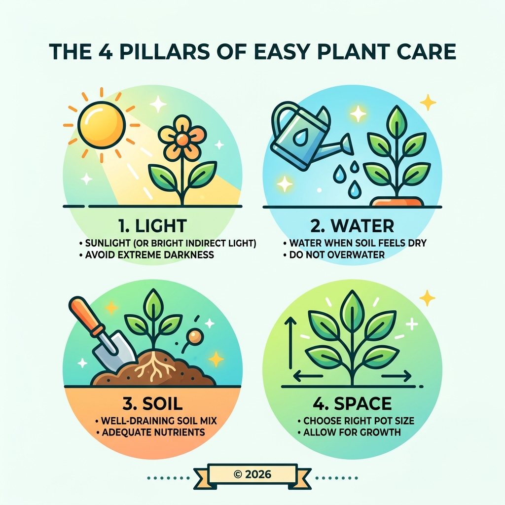 Infographic showing the 4 pillars of easy plant care: light, water, soil, and space - easy to care for flowering plants