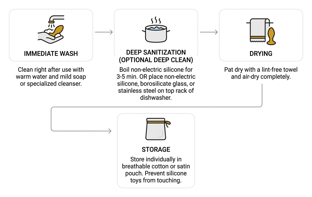 Cleaning and sanitizing sequence for intimate silicone and glass toys