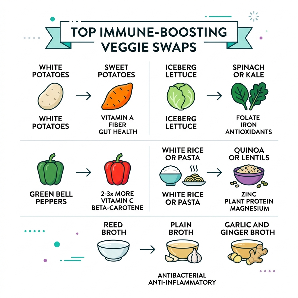 infographic showing top immune boosting veggie swaps and their key nutrients - immune boosting veggie swaps infographic 