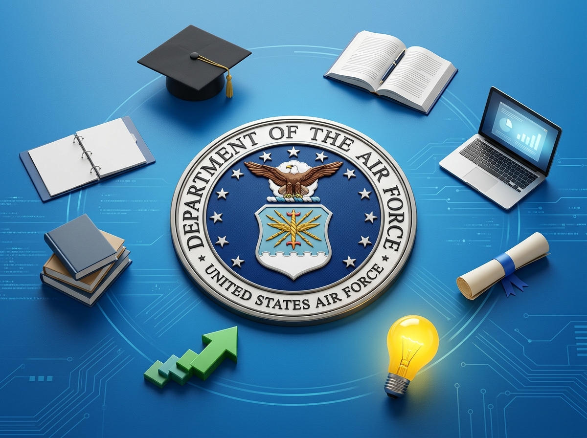 Air Force seal with educational icons representing professional development and self-development goals - air force active Air Force seal with educational icons representing professional development and self-development goals - air force active