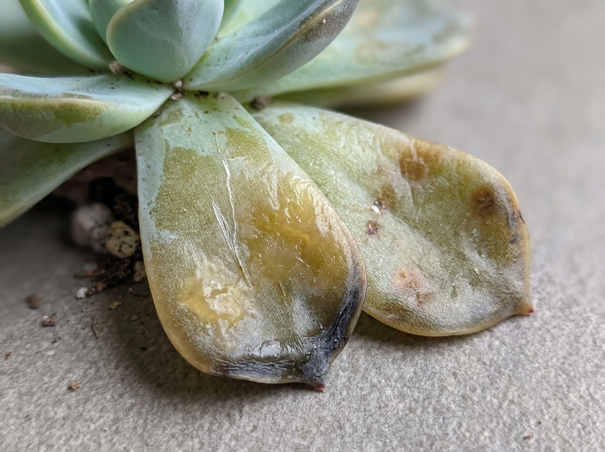 Translucent and mushy succulent leaves showing early signs of rot - are my succulents over or underwatered Translucent and mushy succulent leaves showing early signs of rot - are my succulents over or underwatered