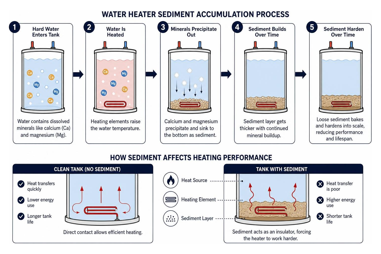 Water heater sediment accumulation and heating process diagram Water heater sediment accumulation and heating process diagram