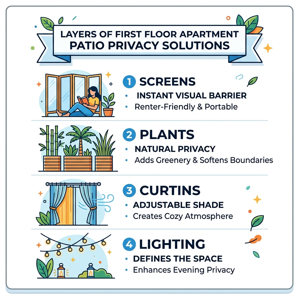 Layers of first floor apartment patio privacy solutions: screens, plants, curtains, lighting - first floor apartment patio