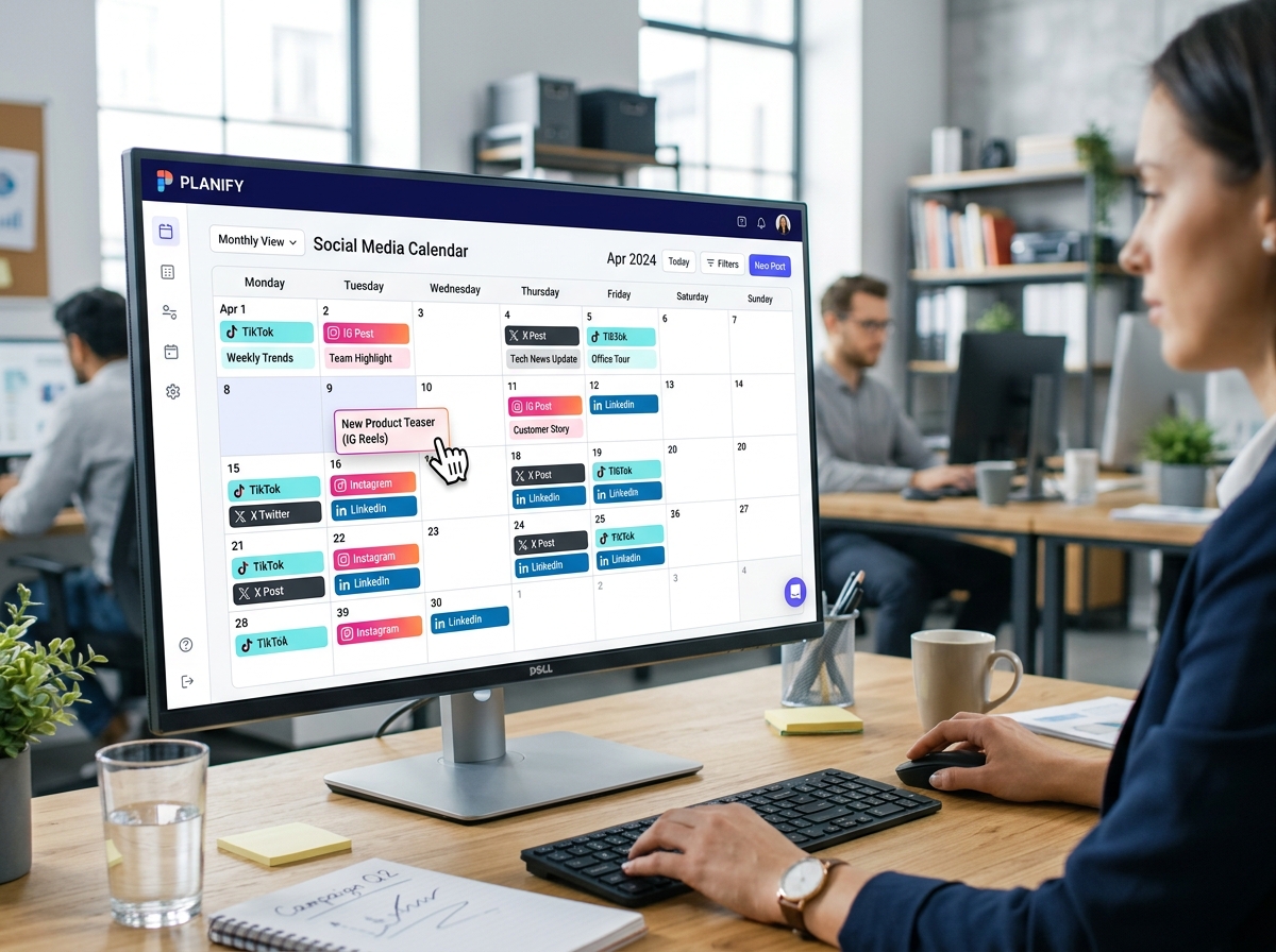 A visual social media content calendar showing drag-and-drop functionality - social media scheduler tools