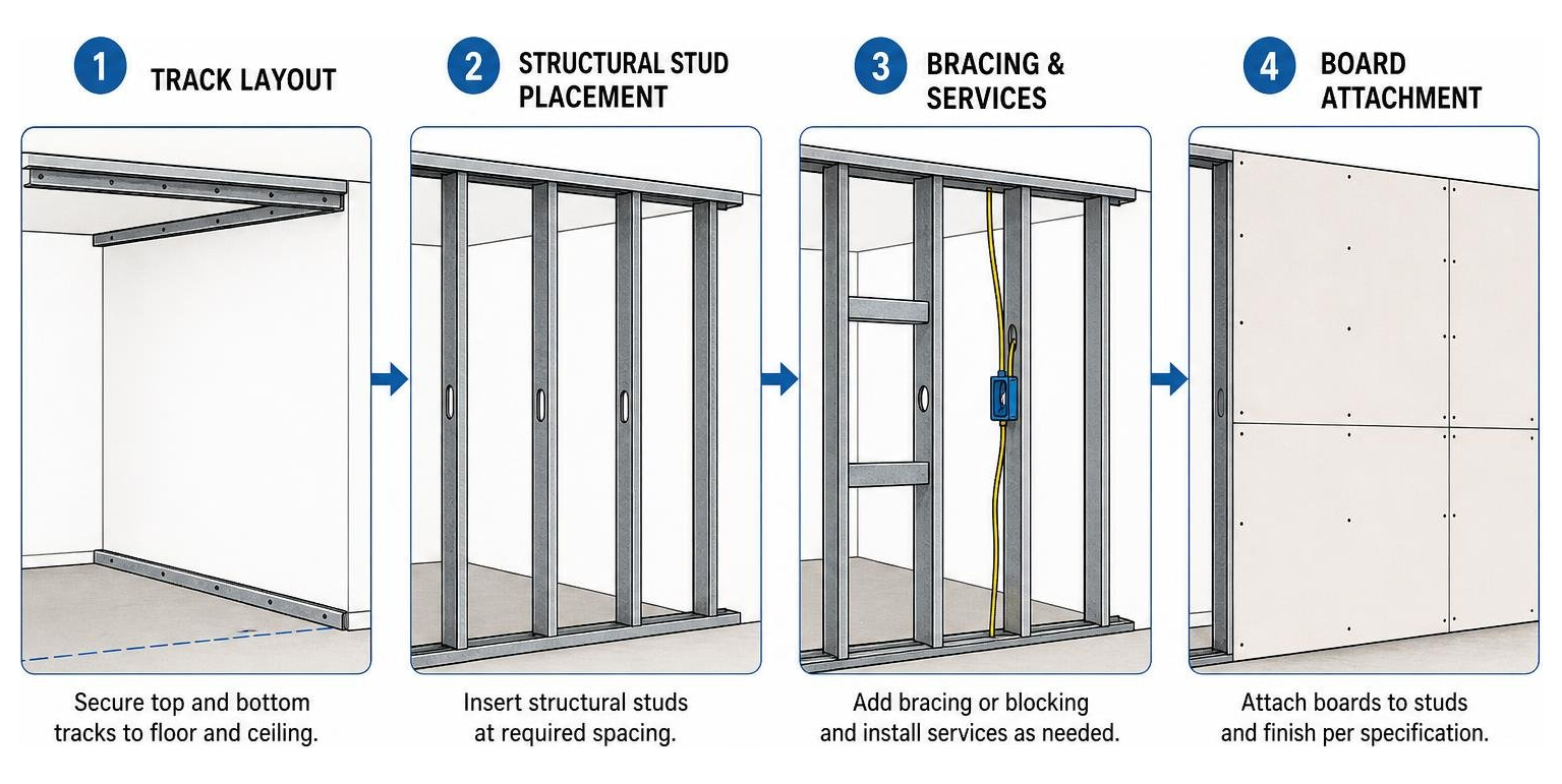 Sequence of cold-formed steel track layout structural stud placement and board attachment Sequence of cold-formed steel track layout structural stud placement and board attachment