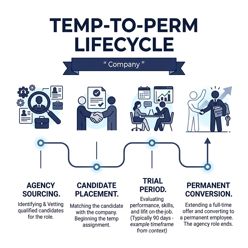 Temp-to-perm lifecycle: from agency sourcing to candidate placement, trial period, and permanent conversion - temp to perm