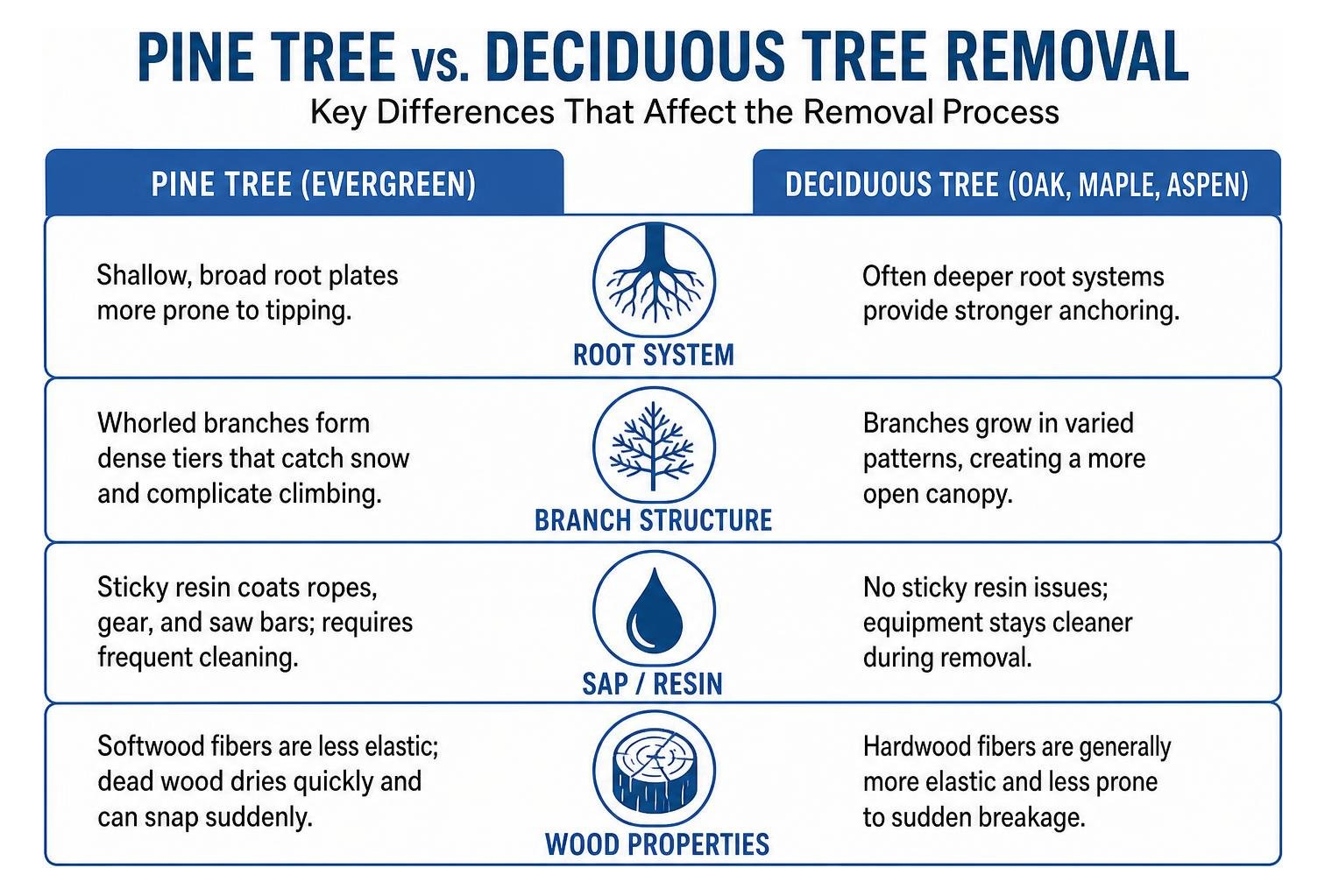 Comparison of pine tree versus deciduous tree removal characteristics Comparison of pine tree versus deciduous tree removal characteristics