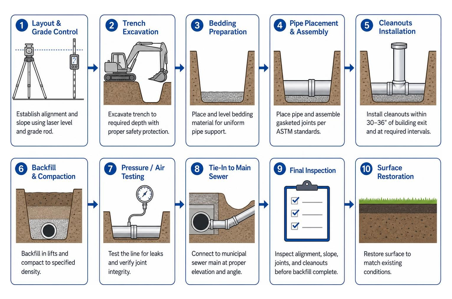 Step-by-step sewer lateral installation process from layout to surface restoration Step-by-step sewer lateral installation process from layout to surface restoration
