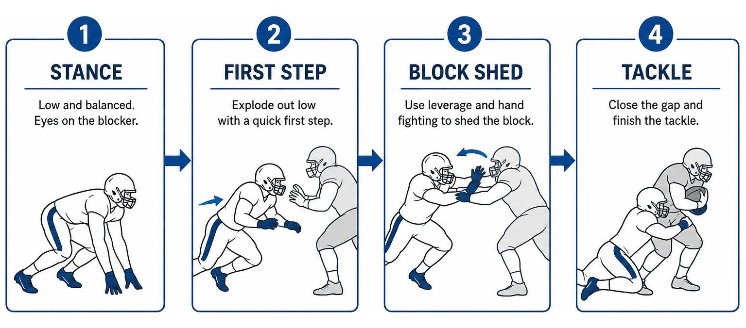 Step-by-step defensive progression from stance to block shed and tackle Step-by-step defensive progression from stance to block shed and tackle