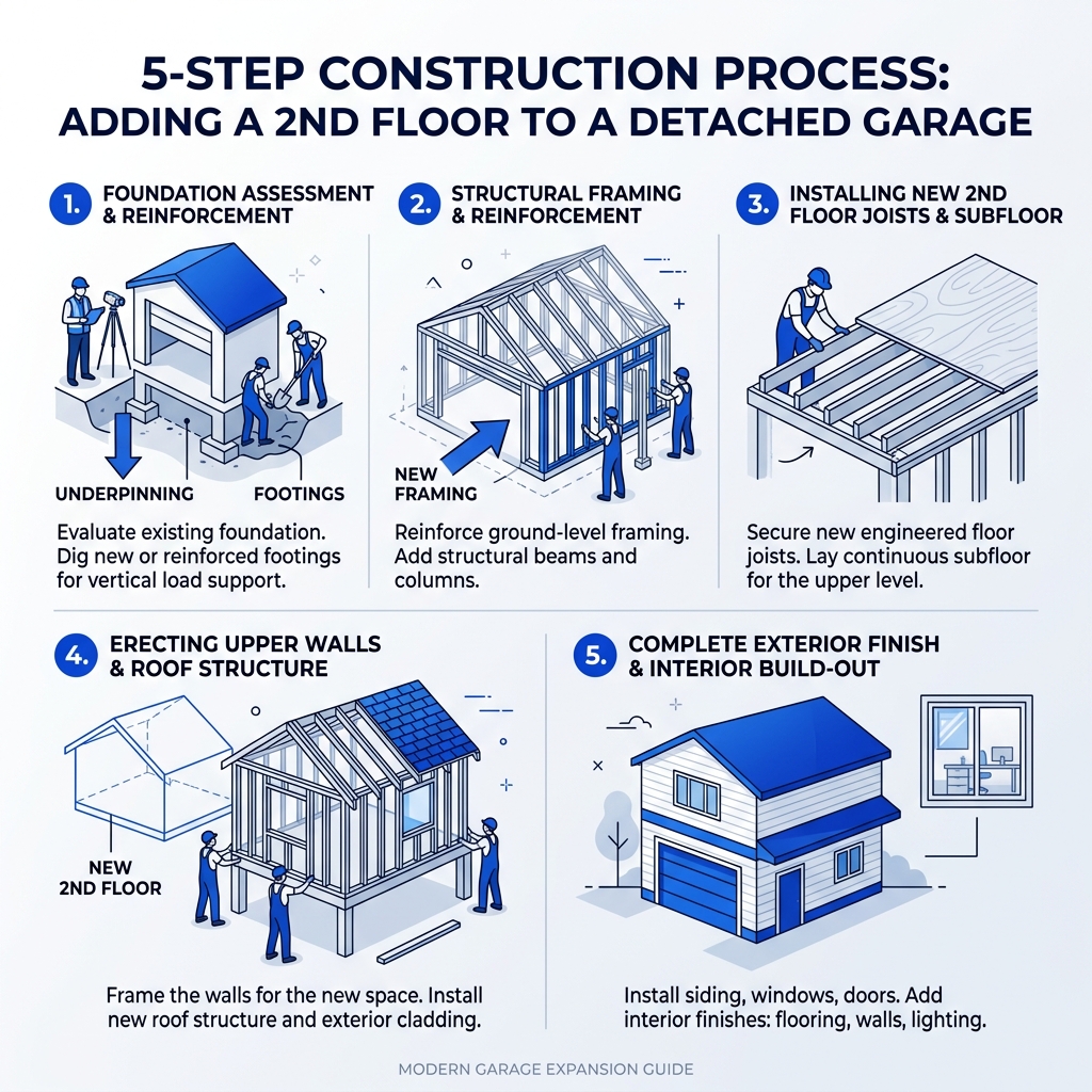 5-step construction process for adding a 2nd floor to a detached garage from foundation to finish - adding 2nd floor to 5-step construction process for adding a 2nd floor to a detached garage from foundation to finish - adding 2nd floor to