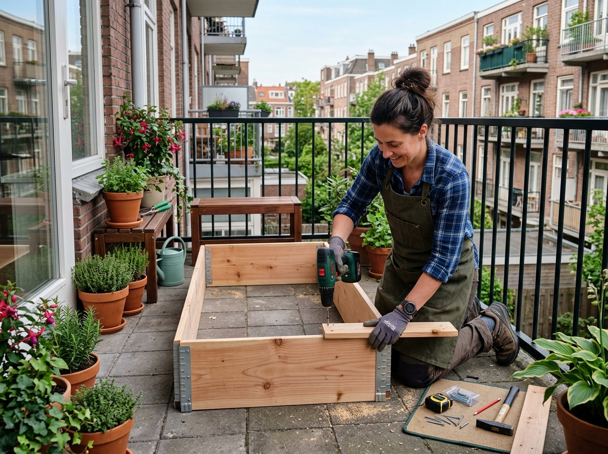 Gardener assembling a wooden raised garden bed on a balcony - balcony raised garden bed